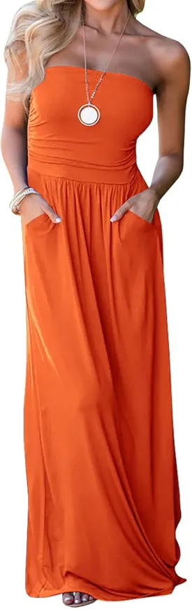 Ofenbuy Womens Off The Shoulder Maxi Dresses Summer Strapless Bandeau Long Dress with Pockets