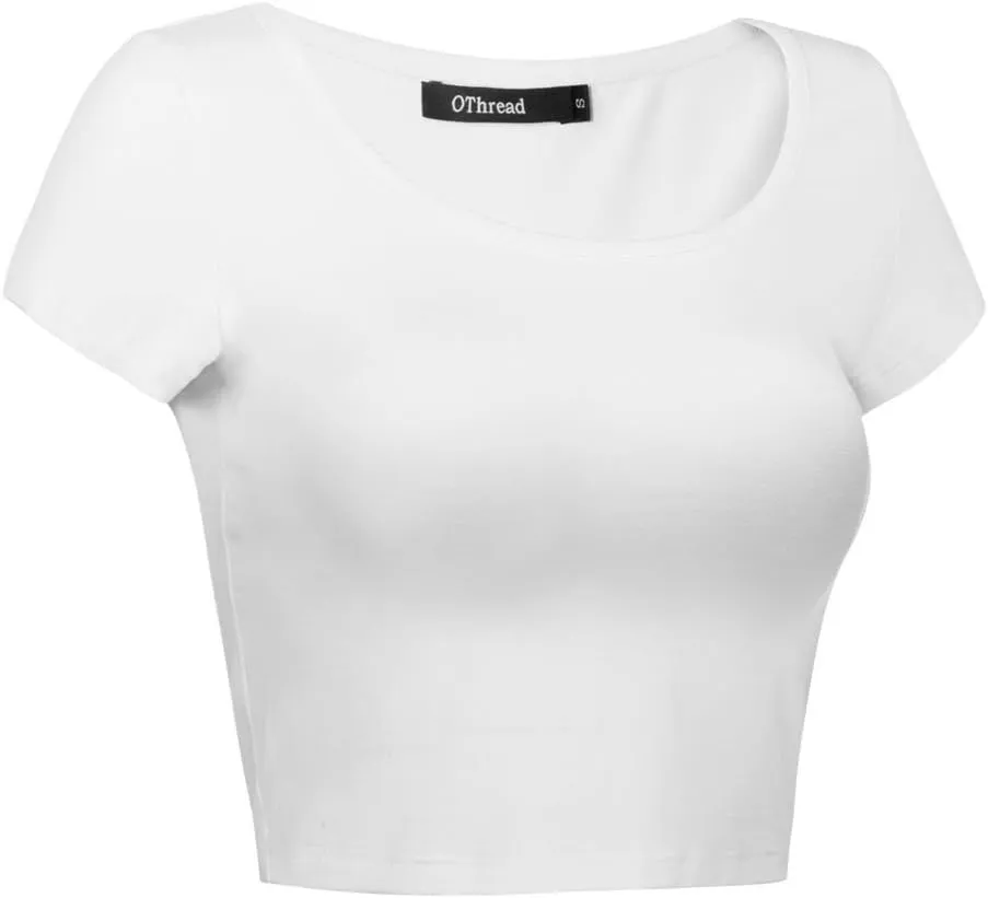 OThread & Co. Women's Basic Crop Tops Stretchy Casual Scoop Neck Cap Sleeve Shirt