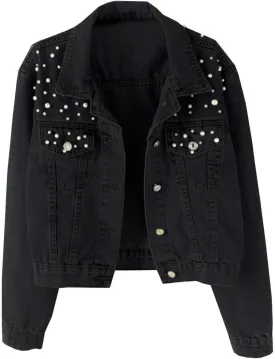 Oversized Denim Jacket Women Embroidered Pearls Short Crop Jean Jacket Button Down Distressed Denim Shacket Pockets