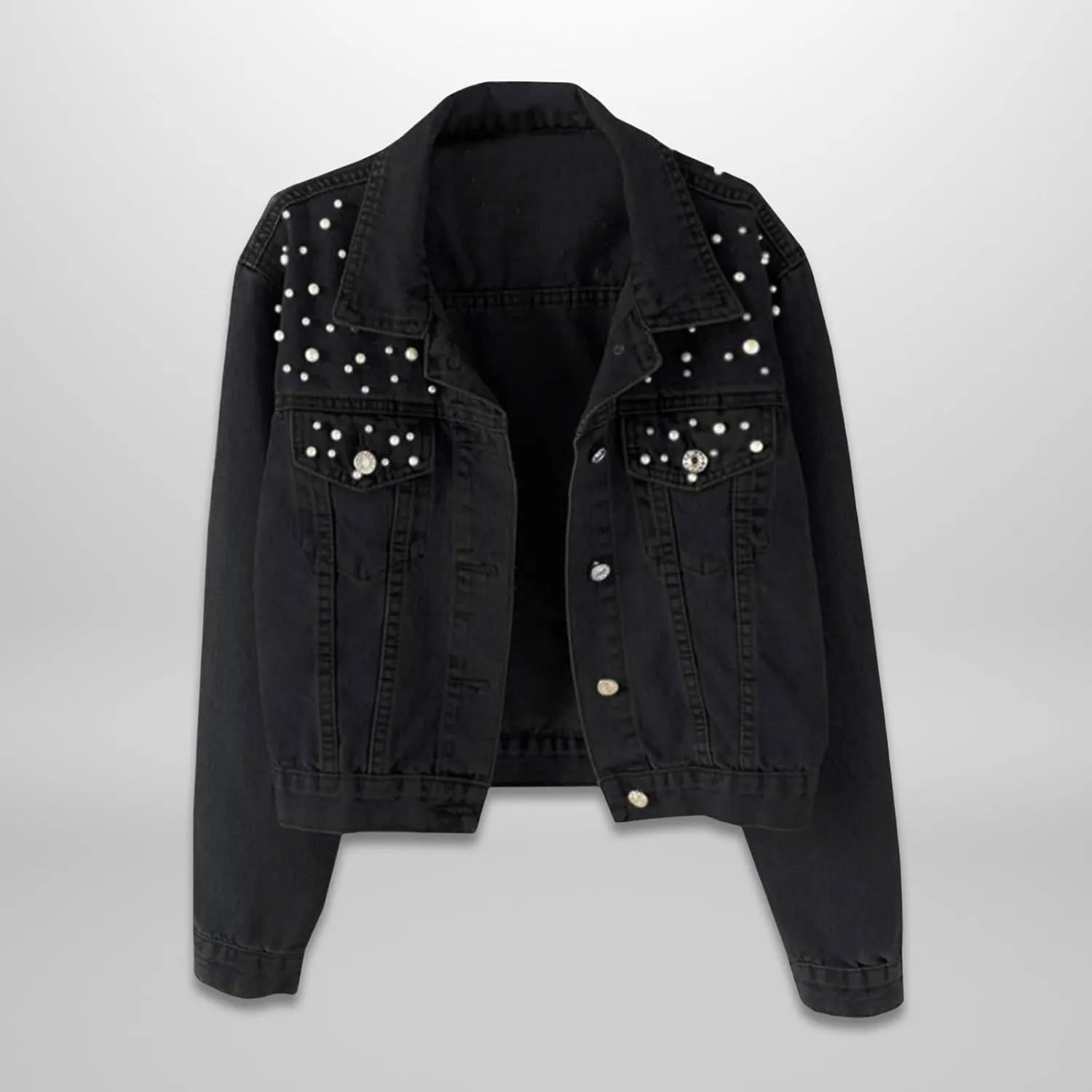 Oversized Denim Jacket Women Embroidered Pearls Short Crop Jean Jacket Button Down Distressed Denim Shacket Pockets