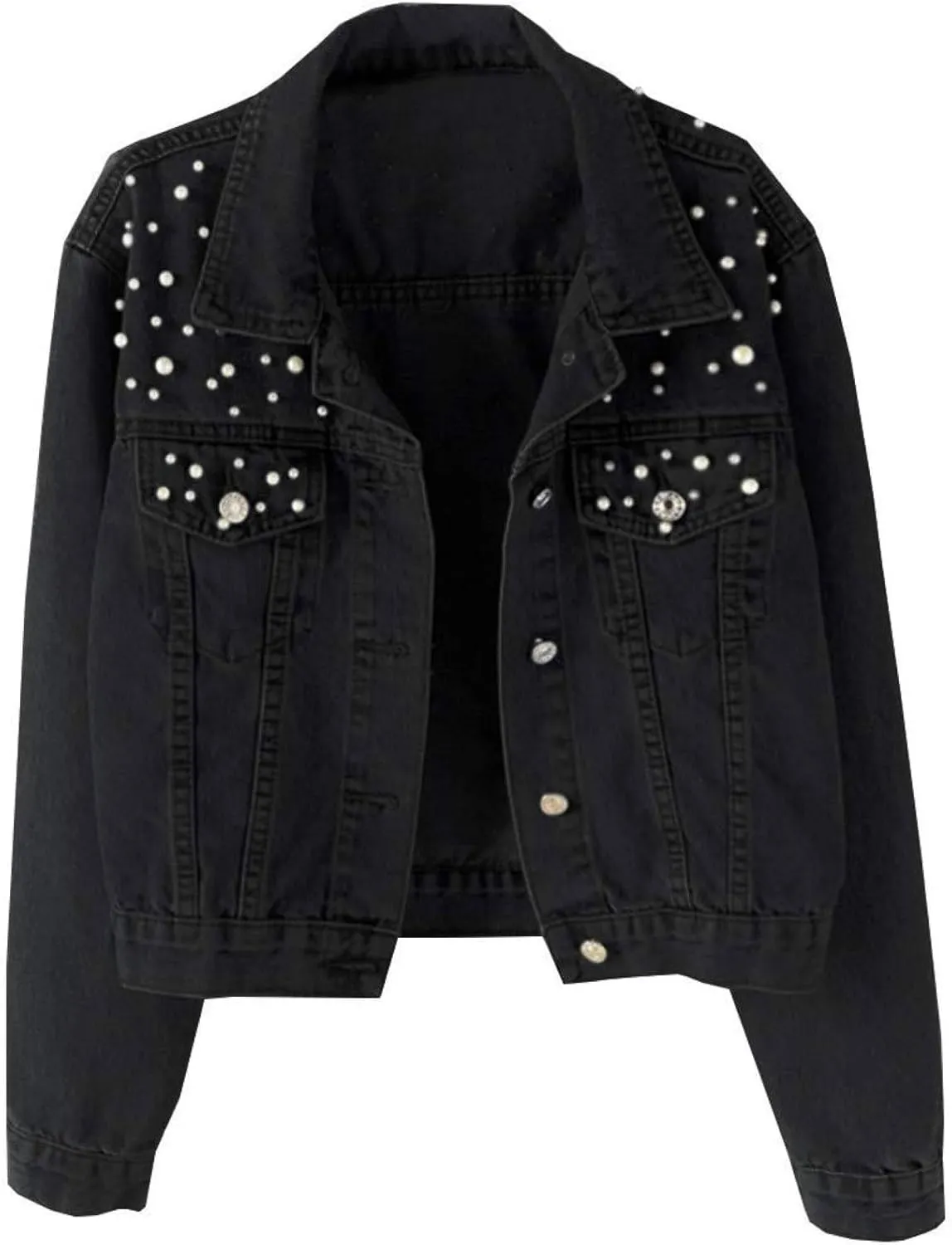 Oversized Denim Jacket Women Embroidered Pearls Short Crop Jean Jacket Button Down Distressed Denim Shacket Pockets