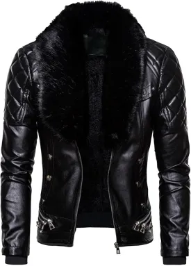 "Men's Removable Fur Collar Jacket Retro Leather Jacket Vintage Style Motorcycle Pocket Zipper Up Jacket "