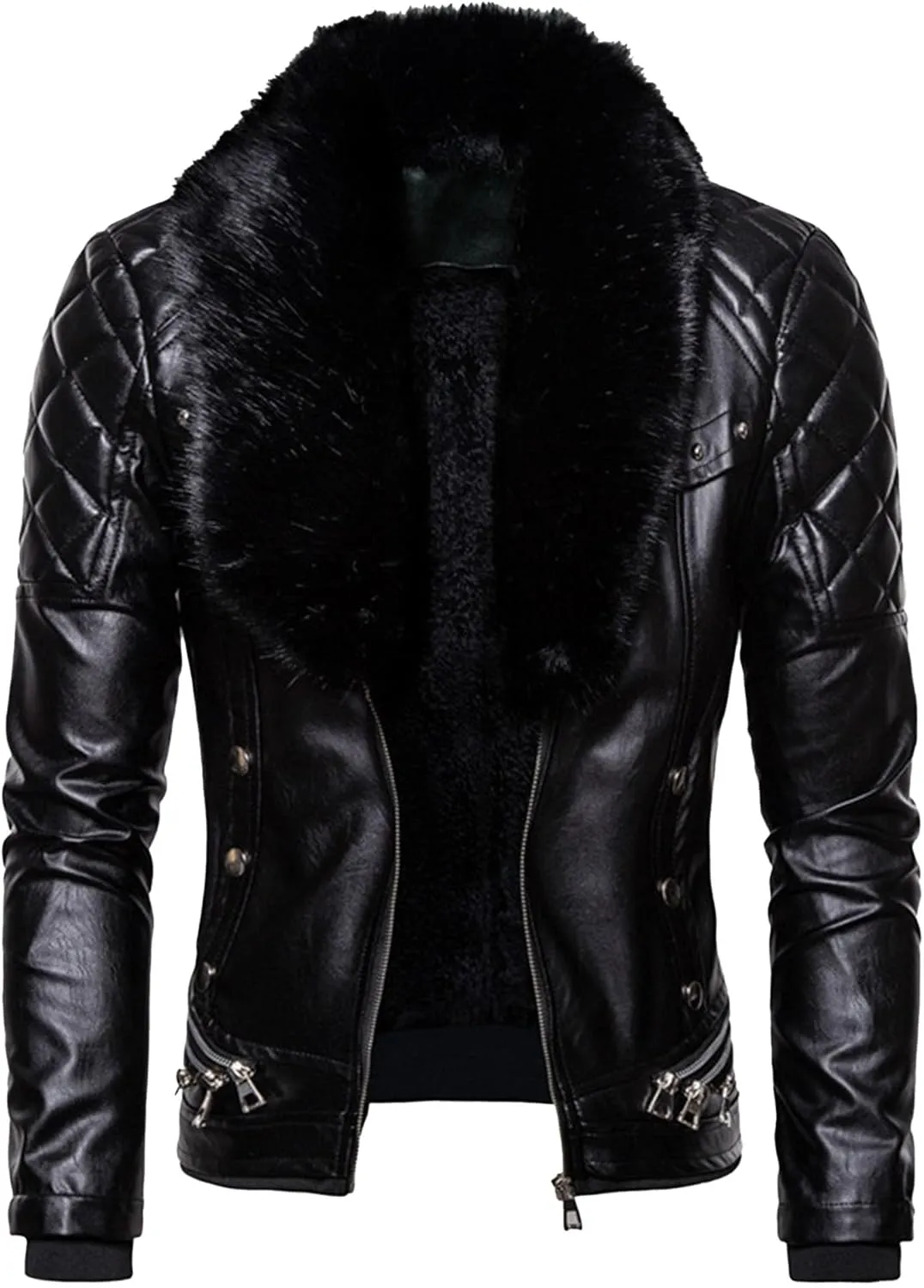 "Men's Removable Fur Collar Jacket Retro Leather Jacket Vintage Style Motorcycle Pocket Zipper Up Jacket "