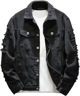 Rexcyril Men's Distressed Denim Jacket Casual Ripped Holes Button Down Trucker Jacket Jean Coat