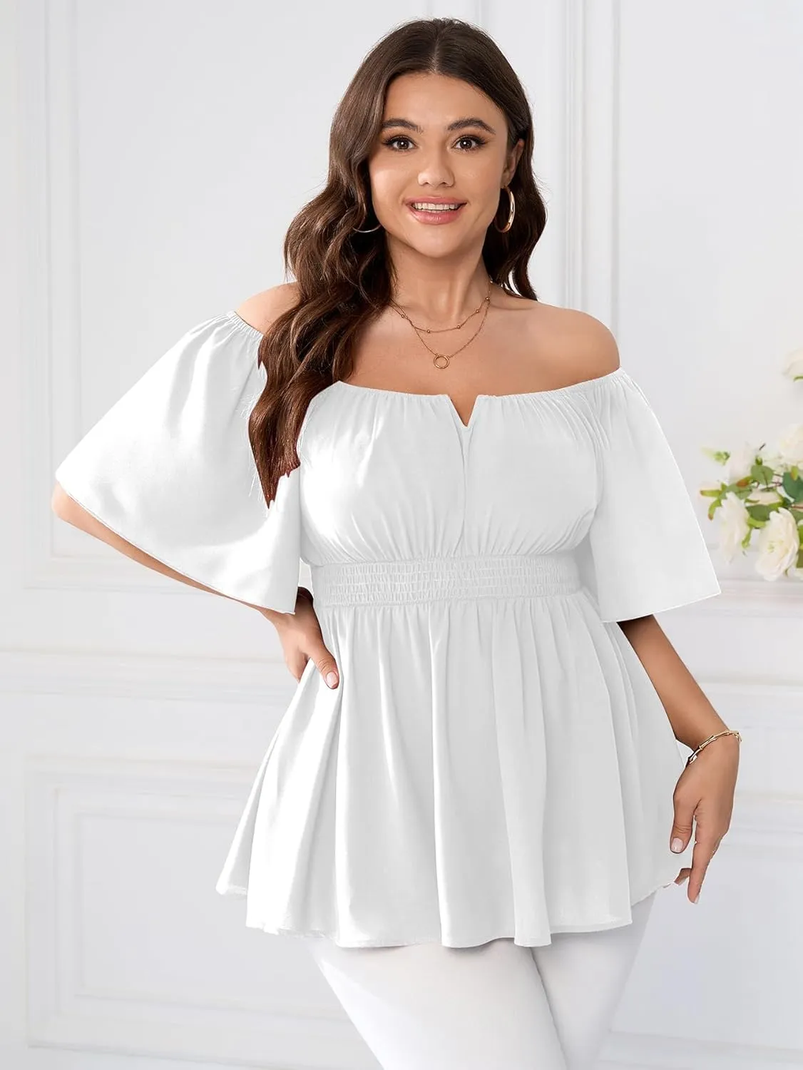 SCOMCHIC Womens Plus Size Peplum Tops Off The Shoulder Blouses Smocked Ruffle Babydoll Summer Top