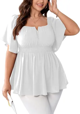 SCOMCHIC Womens Plus Size Peplum Tops Off The Shoulder Blouses Smocked Ruffle Babydoll Summer Top
