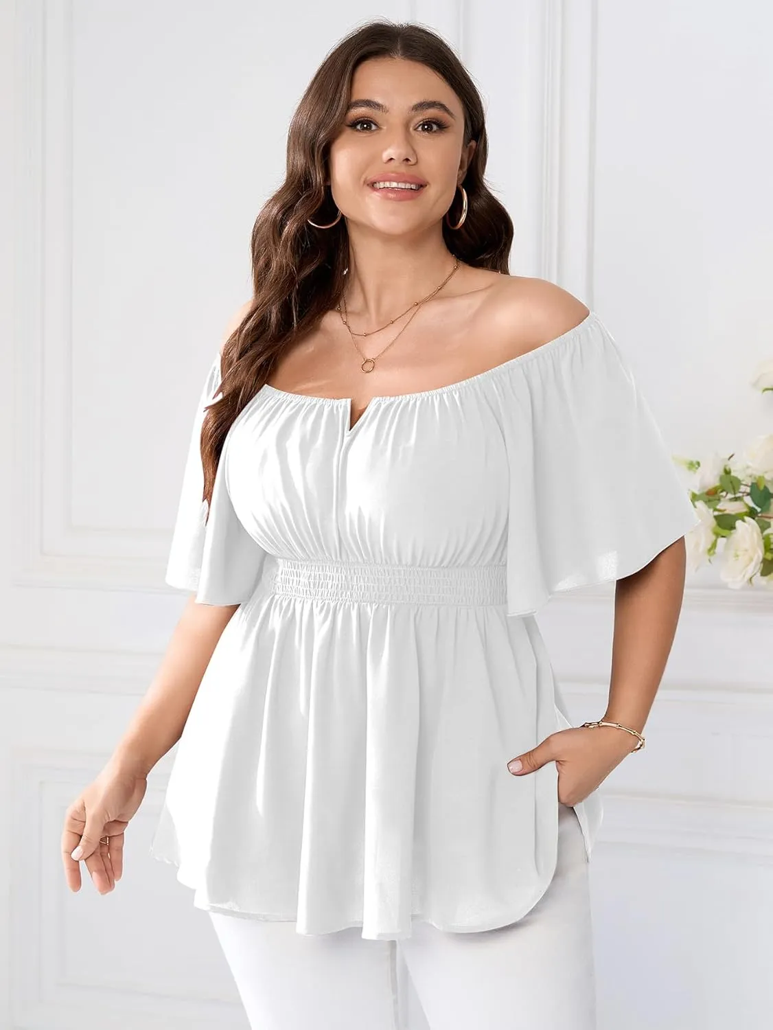 SCOMCHIC Womens Plus Size Peplum Tops Off The Shoulder Blouses Smocked Ruffle Babydoll Summer Top