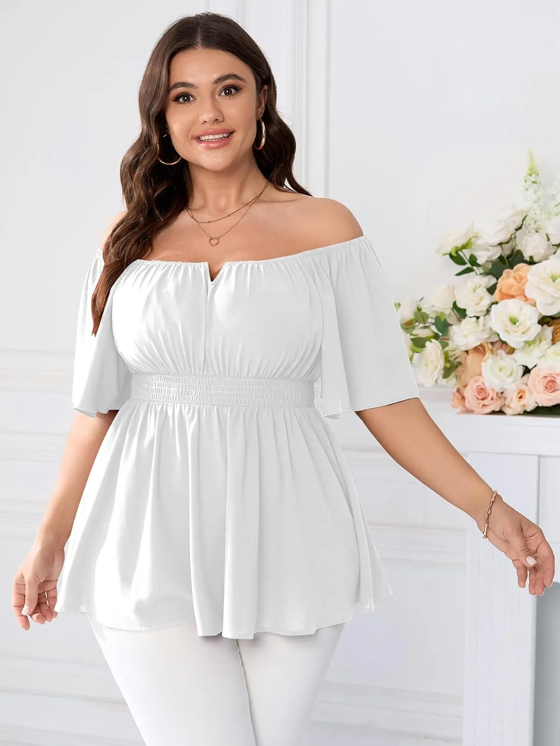 SCOMCHIC Womens Plus Size Peplum Tops Off The Shoulder Blouses Smocked Ruffle Babydoll Summer Top