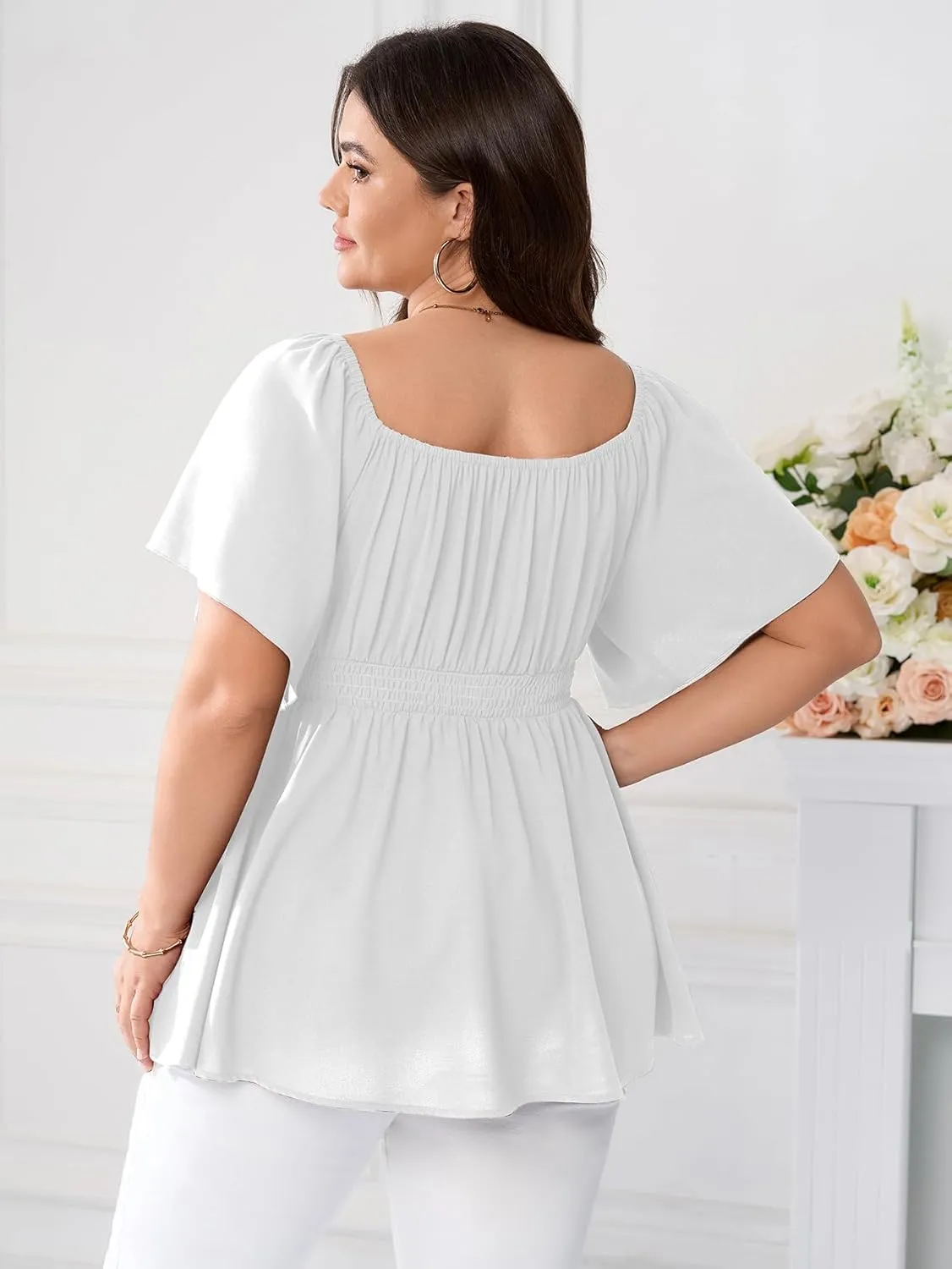 SCOMCHIC Womens Plus Size Peplum Tops Off The Shoulder Blouses Smocked Ruffle Babydoll Summer Top