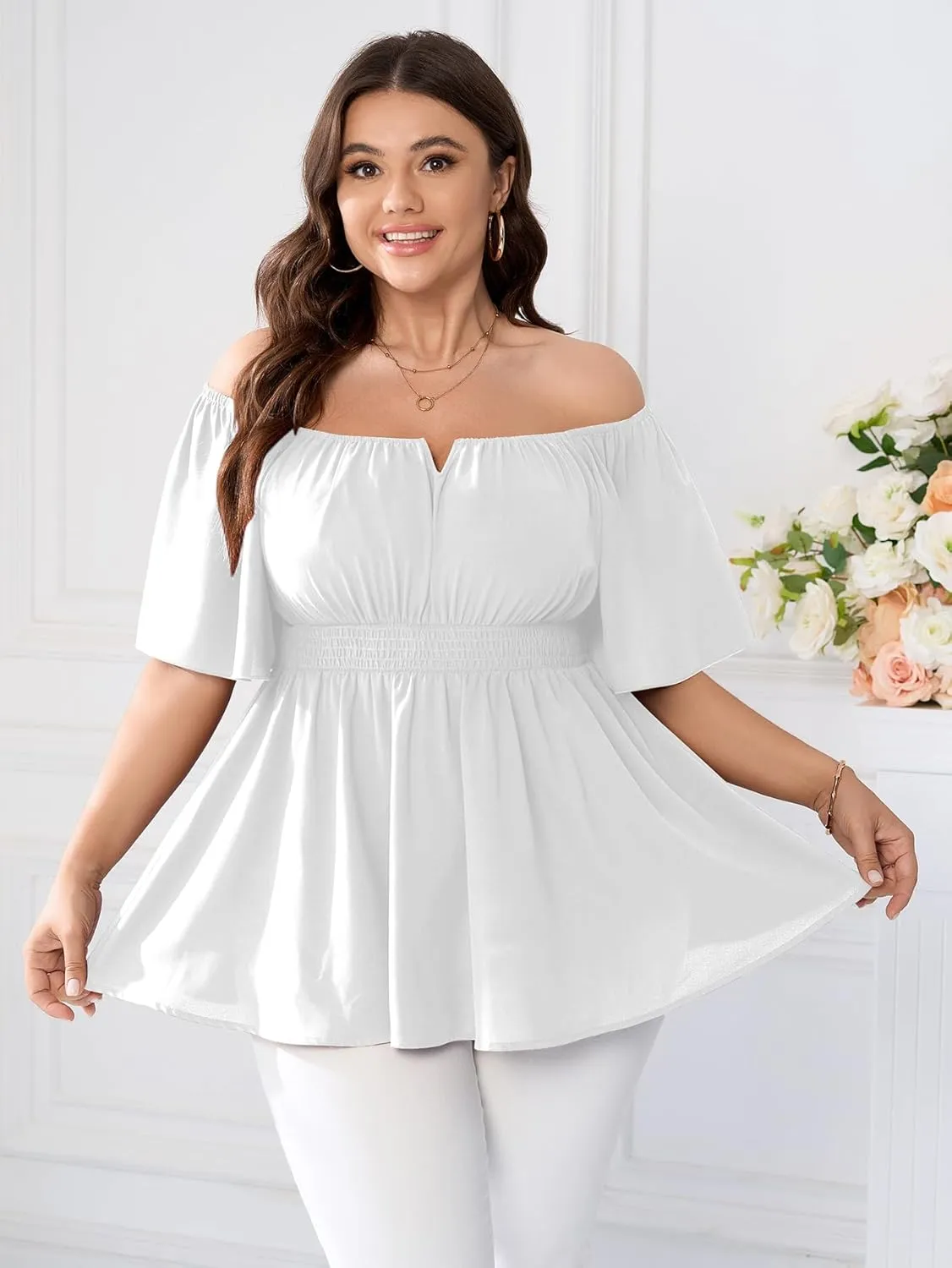 SCOMCHIC Womens Plus Size Peplum Tops Off The Shoulder Blouses Smocked Ruffle Babydoll Summer Top