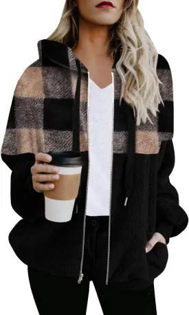 SENSERISE Womens Oversized Fleece Jacket Leopard Print Hoodie Sherpa Jacket Plaid Hooded Coat with Pockets