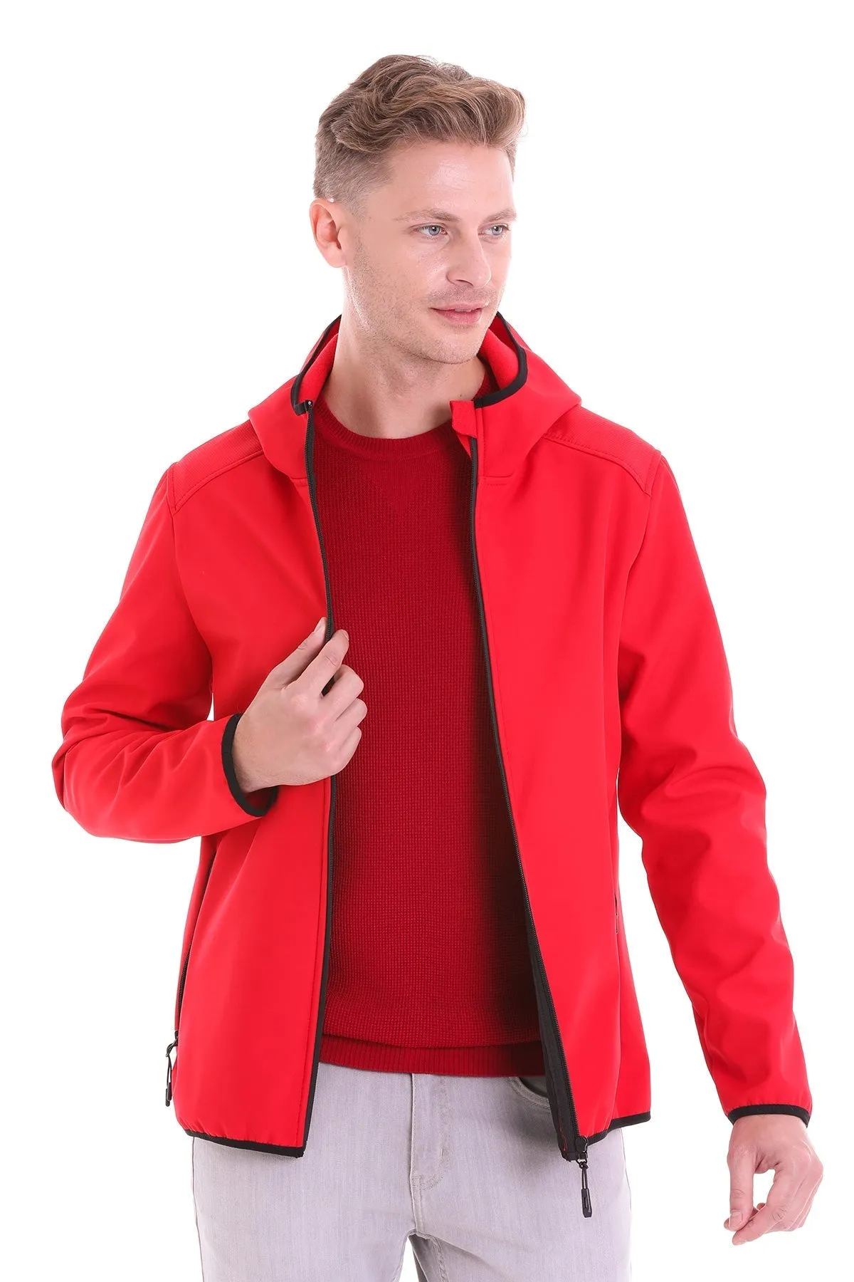 Slim Fit Fleece Apollo Hooded Navy Coat, Red