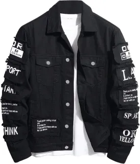 SOLY HUX Men's Denim Jacket Letter Graphic Button Down Flap Pocket Long Sleeve Streetwear Jacket