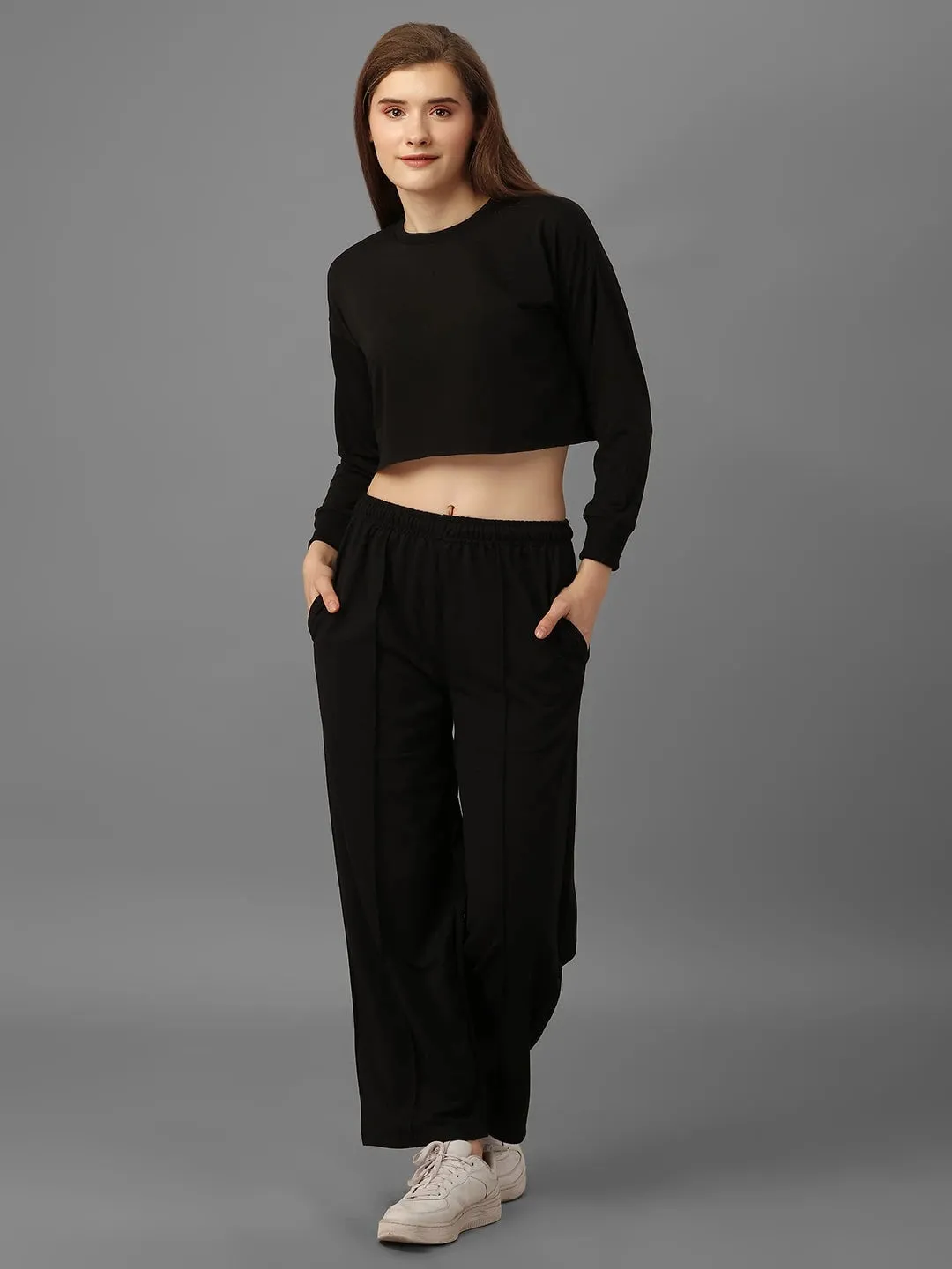 SXV Basic CO-ORDS set :Black Crop sweatshirt And Trouser Combo
