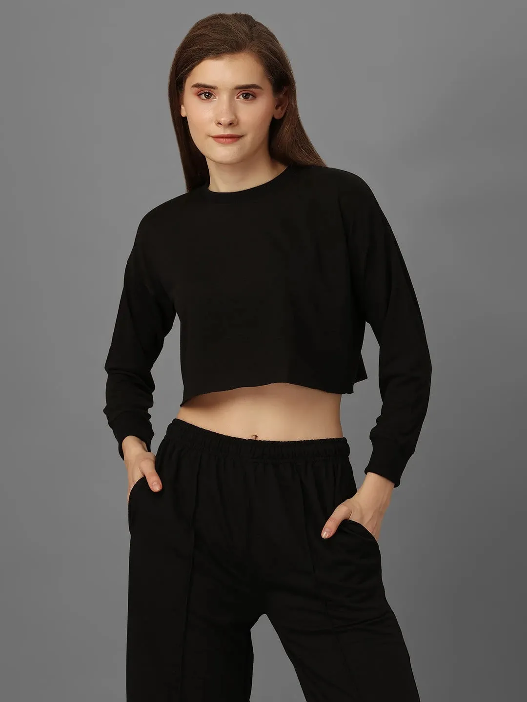 SXV Basic CO-ORDS set :Black Crop sweatshirt And Trouser Combo