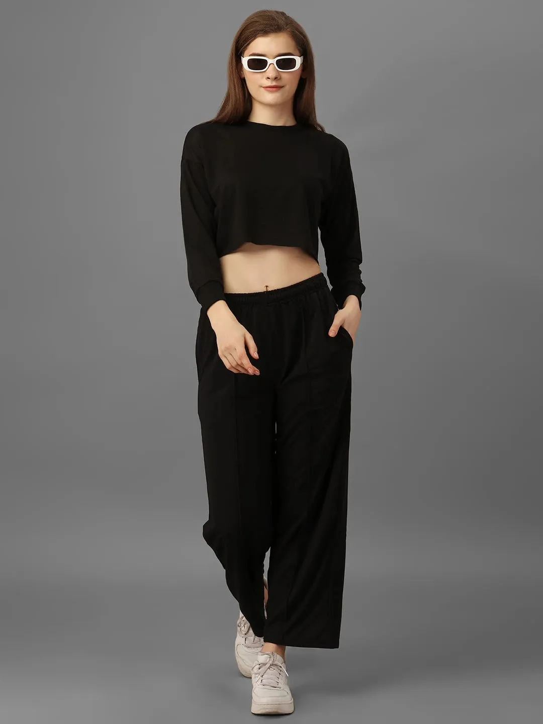 SXV Basic CO-ORDS set :Black Crop sweatshirt And Trouser Combo