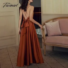 Tavimart  Summer Elegant Women Silk Party Dress Spaghetti Strap Bow Sexy Backless Long Satin Dress