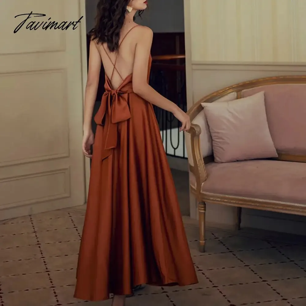 Tavimart  Summer Elegant Women Silk Party Dress Spaghetti Strap Bow Sexy Backless Long Satin Dress