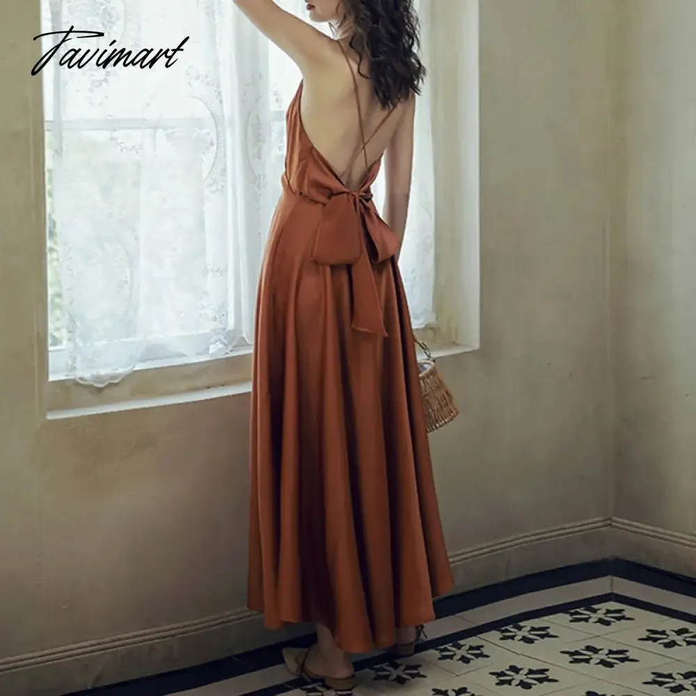 Tavimart  Summer Elegant Women Silk Party Dress Spaghetti Strap Bow Sexy Backless Long Satin Dress