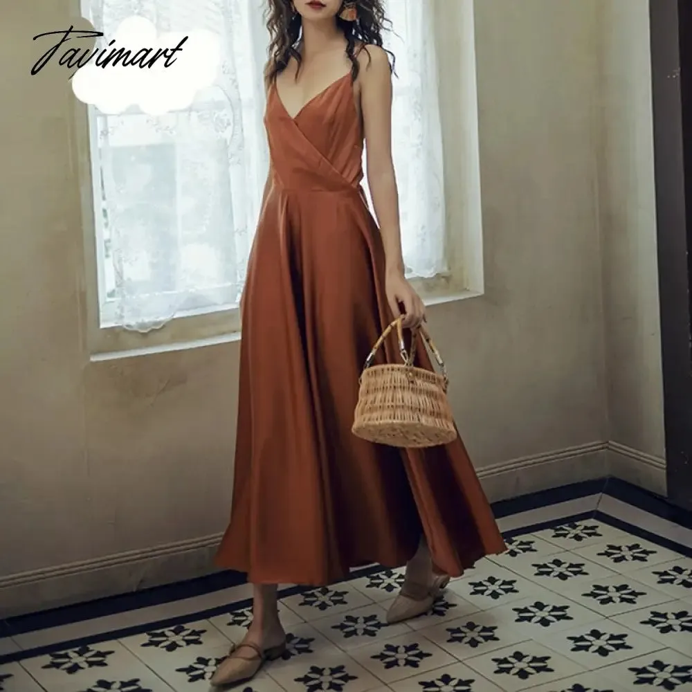 Tavimart  Summer Elegant Women Silk Party Dress Spaghetti Strap Bow Sexy Backless Long Satin Dress