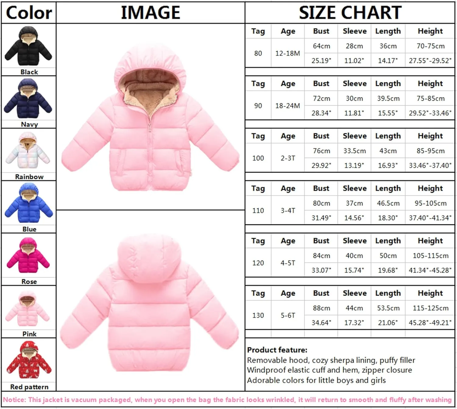 Toddler Baby Hooded Down Jacket Boys Girls Kids Thicken Warm Winter Coat Outerwear 1-7t