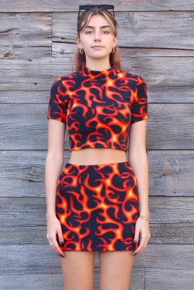 Turtle Neck Crop Top - Fleece with Fire Print