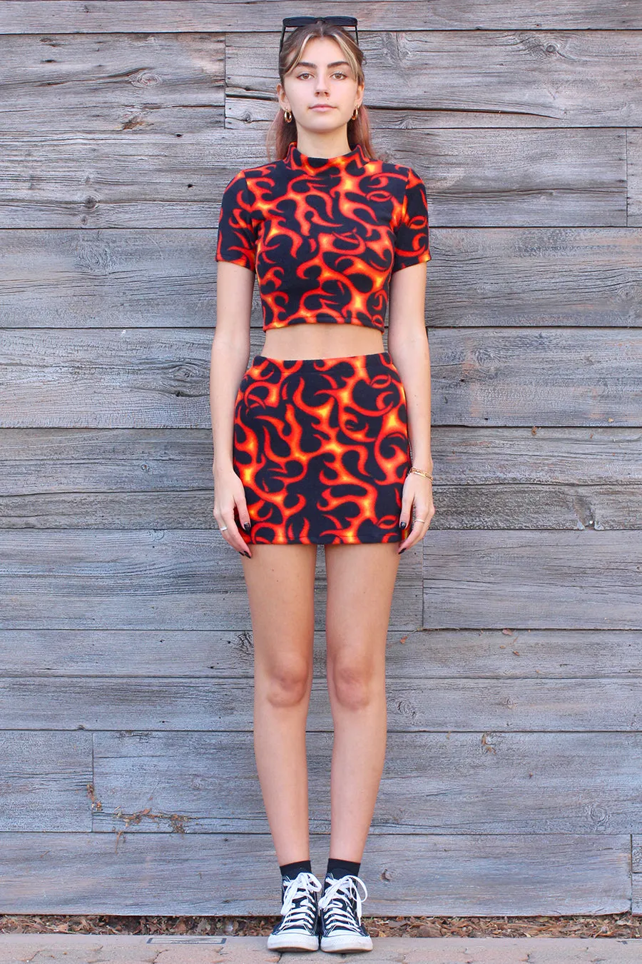 Turtle Neck Crop Top - Fleece with Fire Print