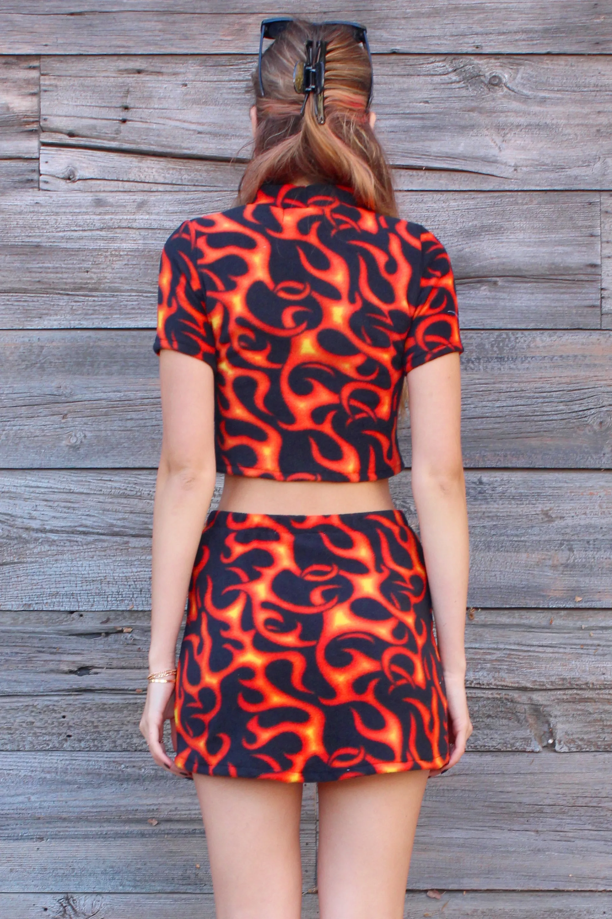 Turtle Neck Crop Top - Fleece with Fire Print