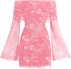 Verdusa Women's 70s Vintage Floral Off The Shoulder Dress Foldover Long Sleeve Bodycon Mini Dress