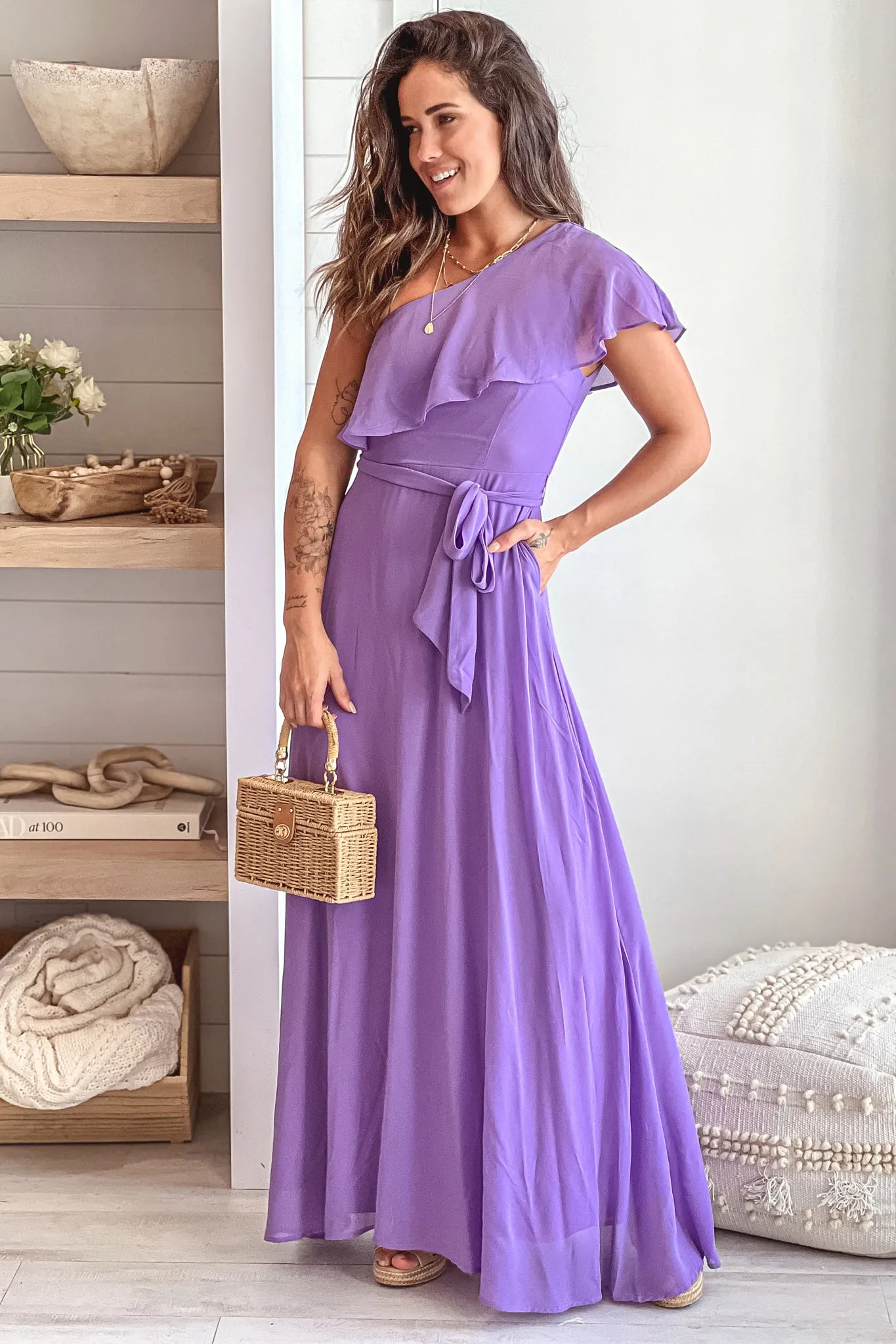 Violet One Shoulder Maxi Dress With Pockets