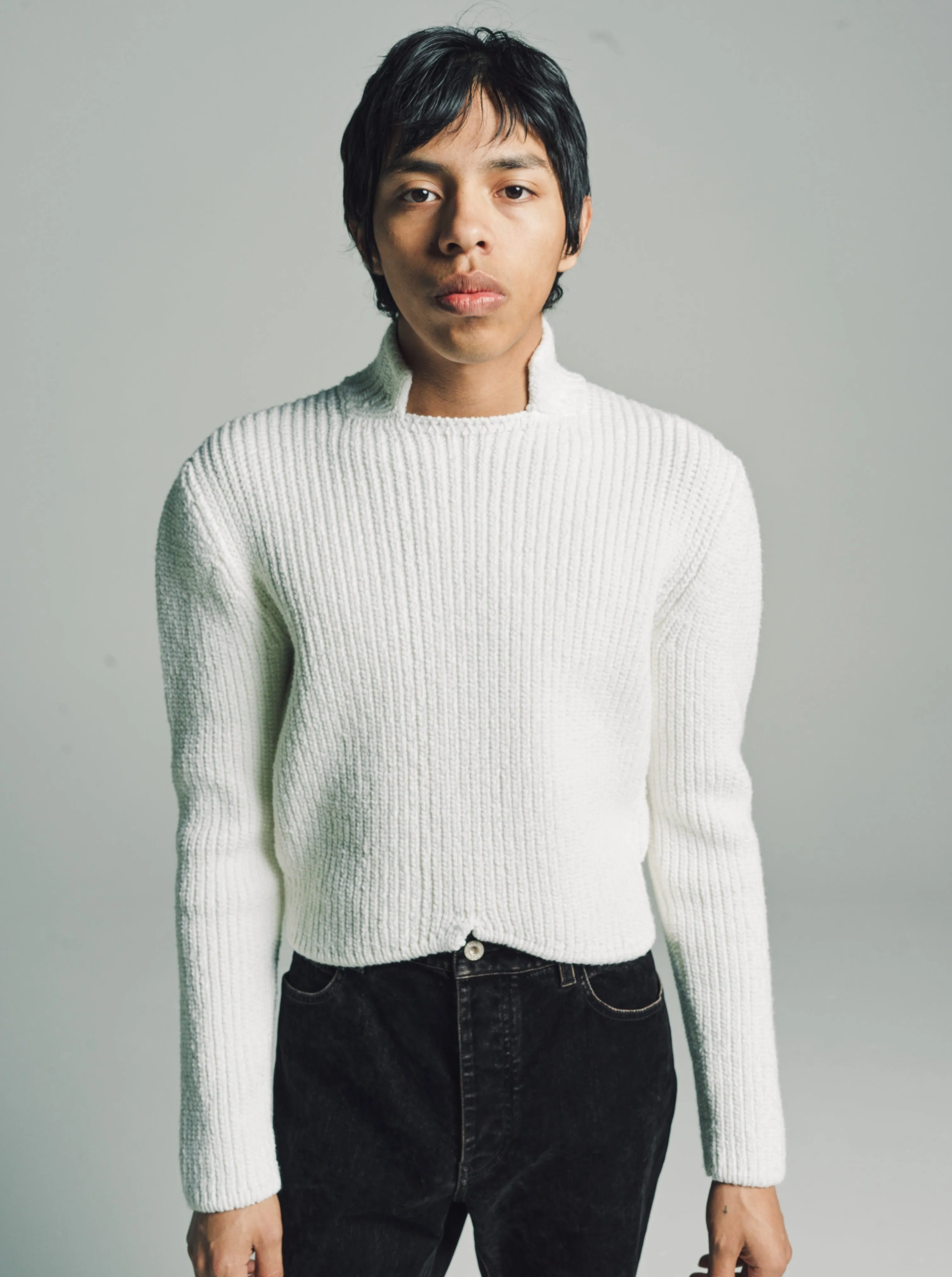 White Wool Blend High Neck Sweater
