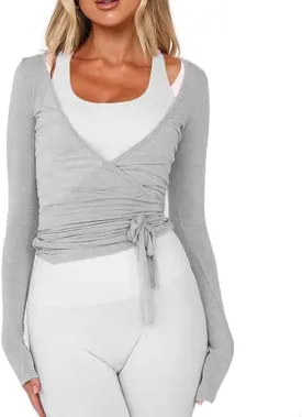 Women Ballet Wrap Top Y2K Long Sleeve Cross Tie Side Yoga Crop Top Deep V Neck Pilates Shirt Solid Workout Blouse