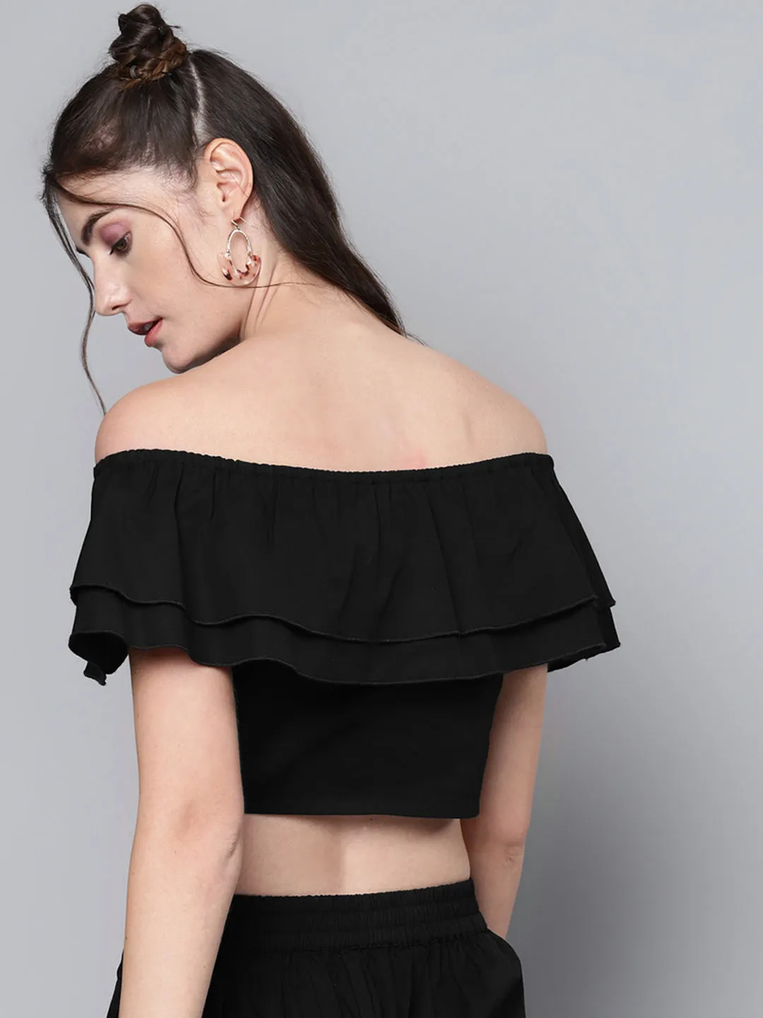 Women Black Poplin Bardot Crop Top