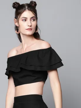 Women Black Poplin Bardot Crop Top