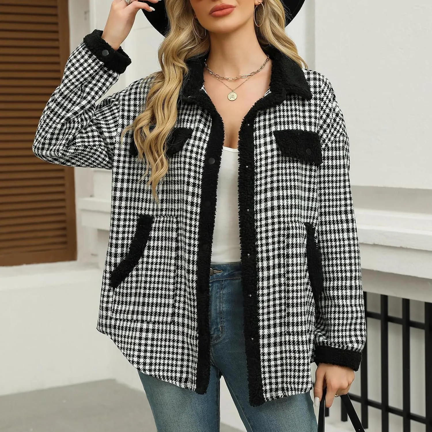 Women Fleece Jackets Casual Flannel Plaid Shacket Button Down Lapel Collared Sherpa Jackets with Pockets Fall Coat