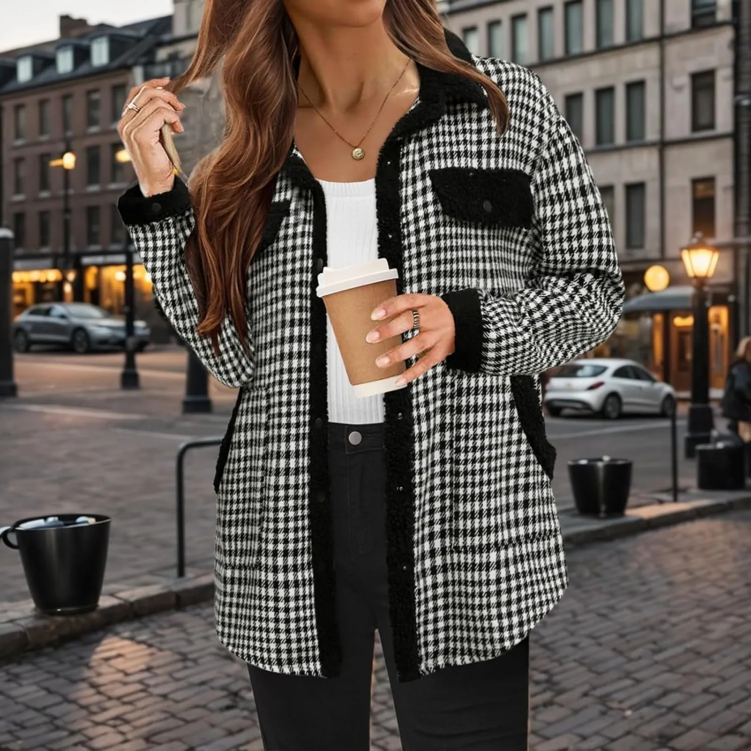 Women Fleece Jackets Casual Flannel Plaid Shacket Button Down Lapel Collared Sherpa Jackets with Pockets Fall Coat