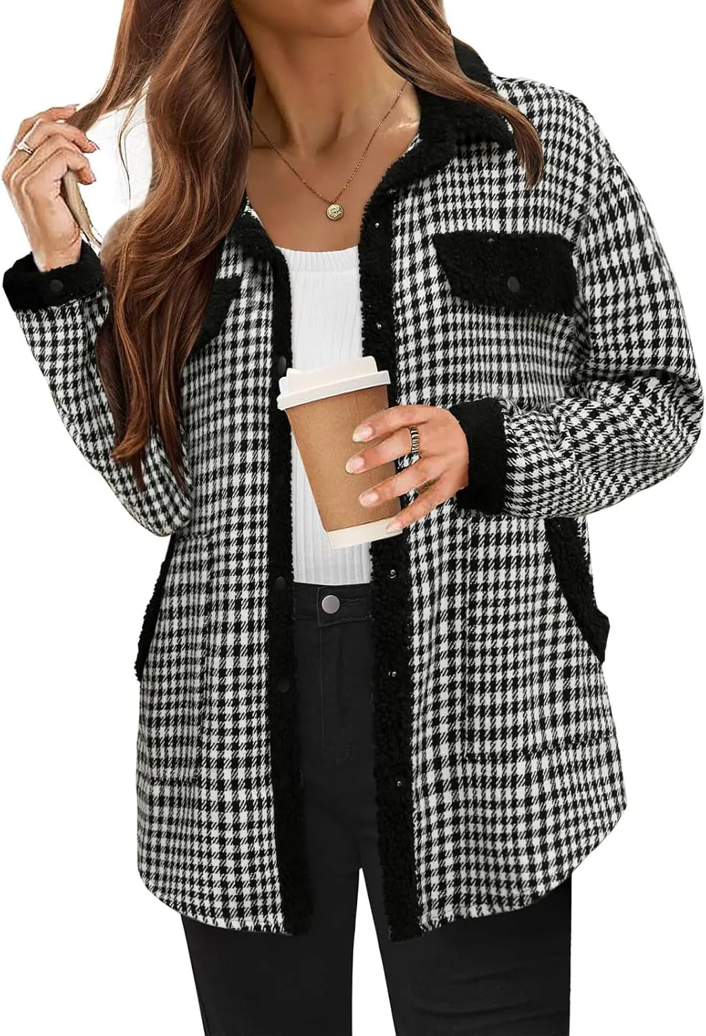 Women Fleece Jackets Casual Flannel Plaid Shacket Button Down Lapel Collared Sherpa Jackets with Pockets Fall Coat