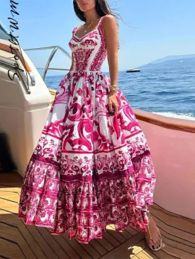 Women Sexy Printed Suspender Dress Fashion V-neck Backless High Waist Large Swing Midi Vestido Summer Female Chic Vacation Robes