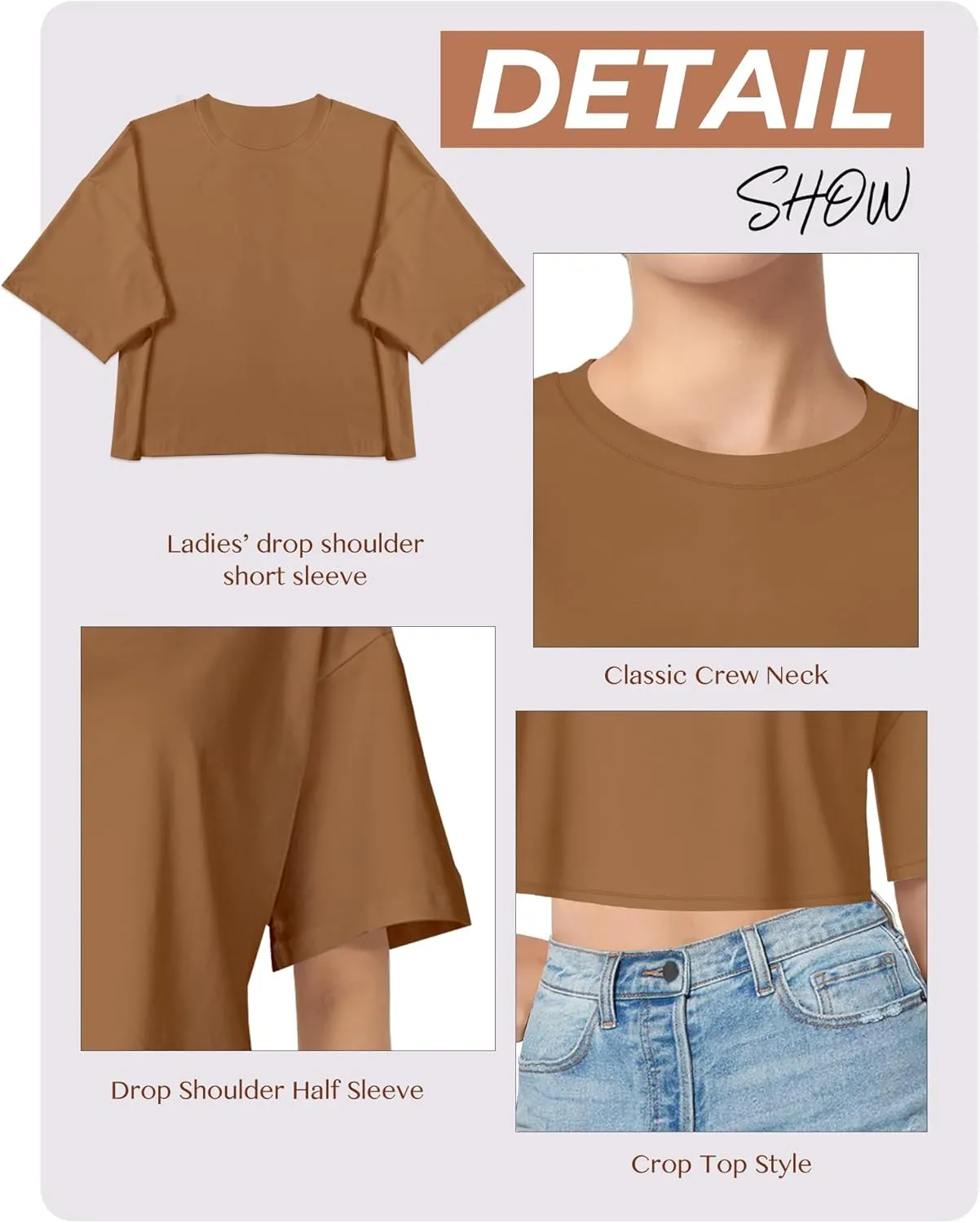 Women's Basic Crop Top Drop Shoulder T Shirt Half Sleeve Cropped Tee Crewneck Short Sleeve Casual Summer Solid Crop Tops