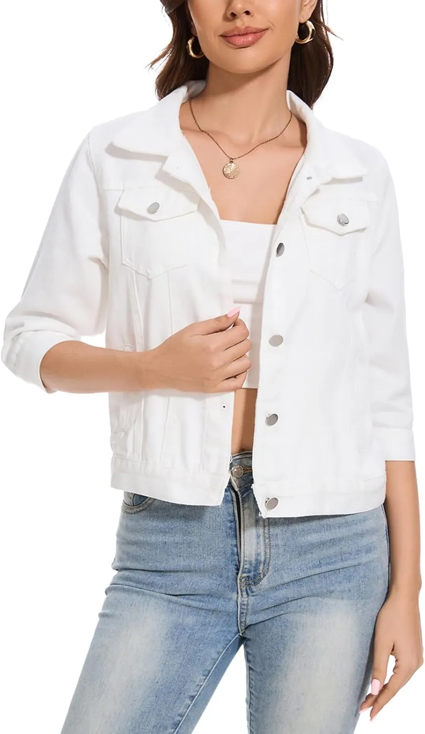 Women's Cropped Denim Jacket Lapel Stretch Jean Coat Button 2025 Trendy 3/4 Sleeve Short Denim Jackets