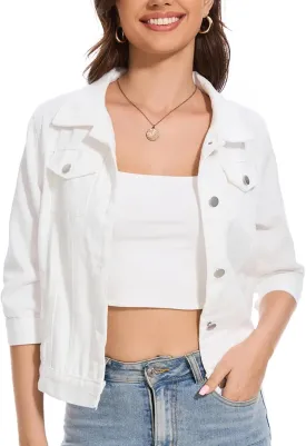 Women's Cropped Denim Jacket Lapel Stretch Jean Coat Button 2025 Trendy 3/4 Sleeve Short Denim Jackets