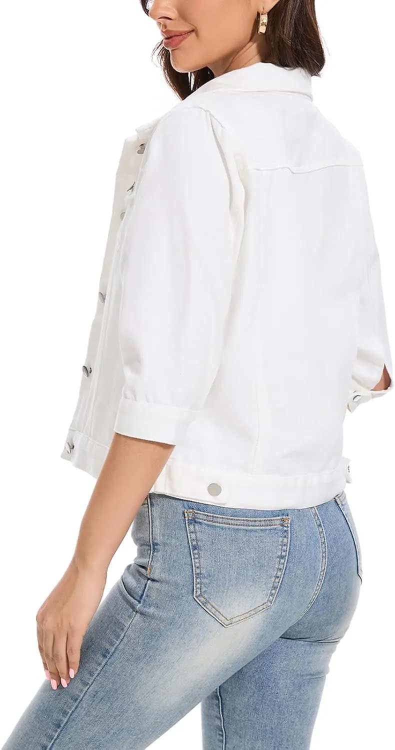 Women's Cropped Denim Jacket Lapel Stretch Jean Coat Button 2025 Trendy 3/4 Sleeve Short Denim Jackets