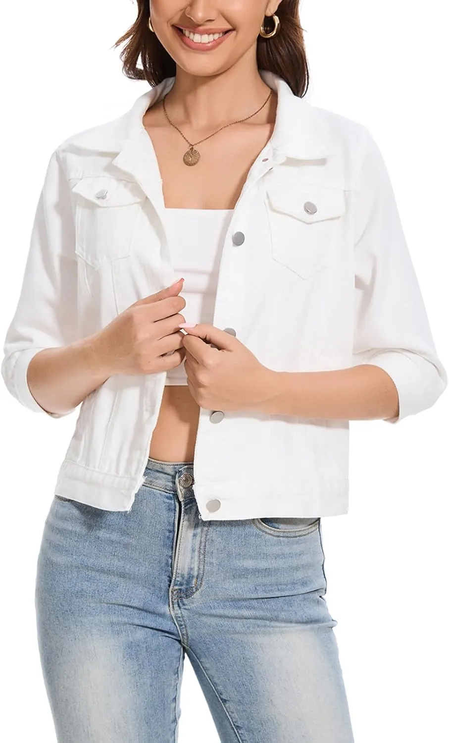 Women's Cropped Denim Jacket Lapel Stretch Jean Coat Button 2025 Trendy 3/4 Sleeve Short Denim Jackets
