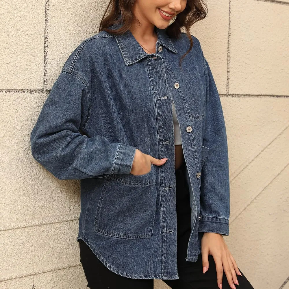 Women's Denim Jacket Oversize Long Sleeve Button Down Shirt Boyfriend Jeans Shacket Jacket Coat with Pocket