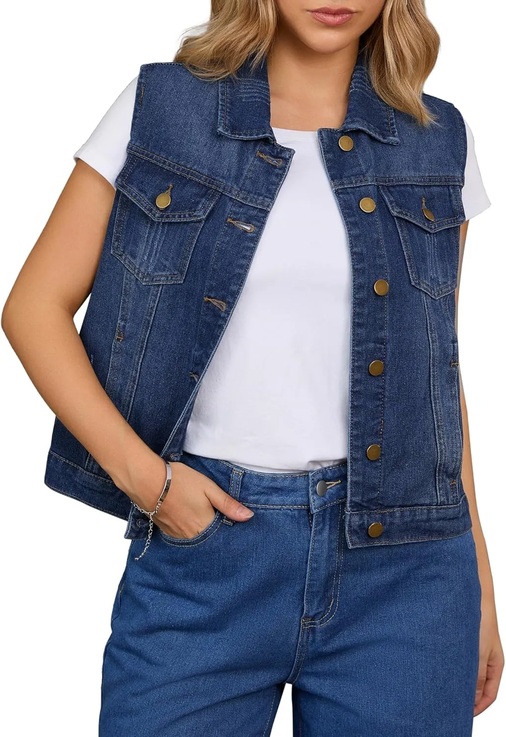 Women's Denim Vest Button Down Jacket W Chest Flap Pockets Washed Distressed Sleeveless Jean Jacket