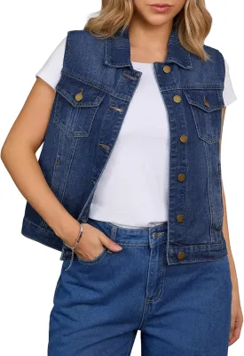 Women's Denim Vest Button Down Jacket W Chest Flap Pockets Washed Distressed Sleeveless Jean Jacket