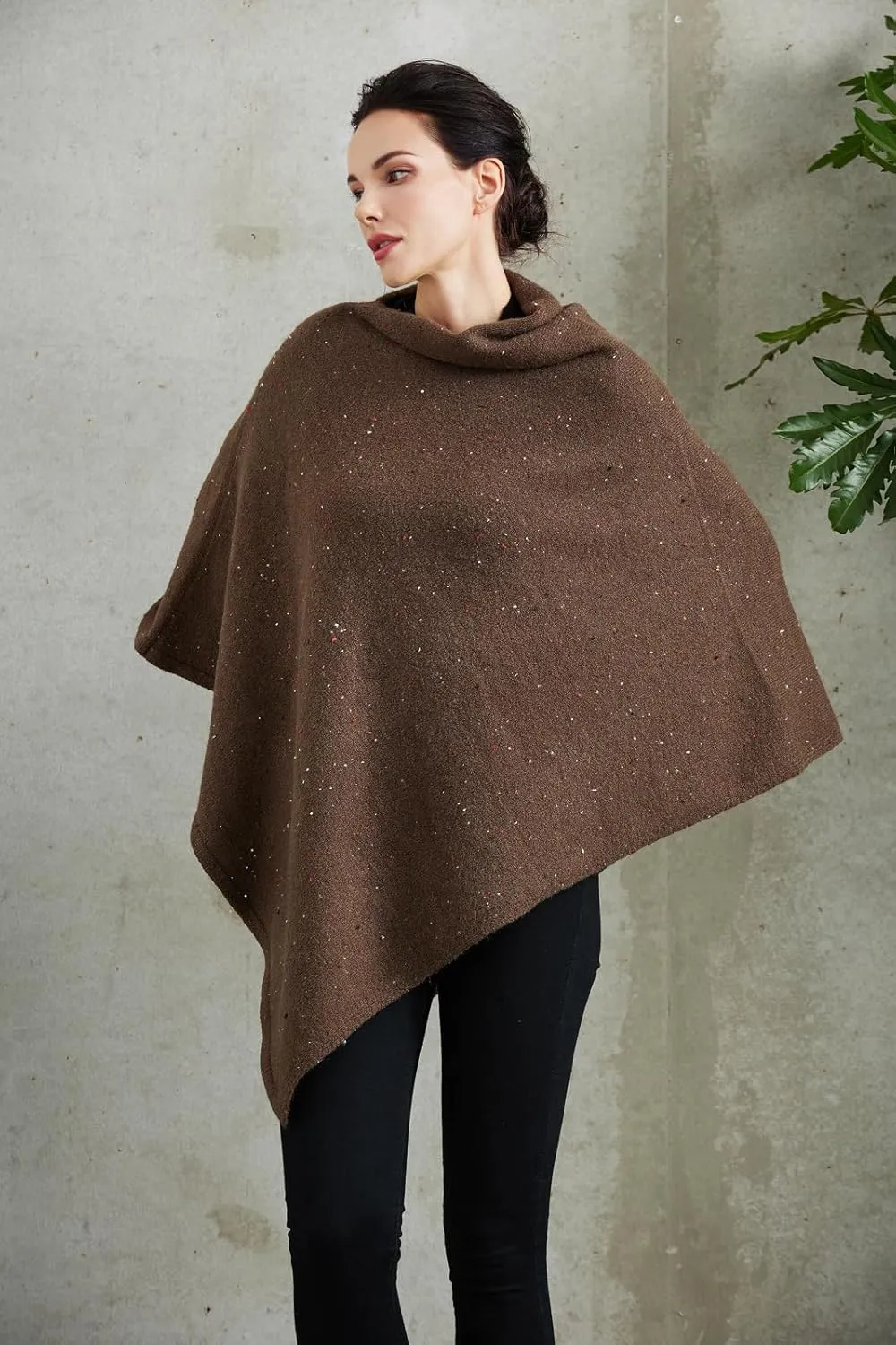 Women's Heaps Collar Bohemian Poncho Sweater Knitted Cape Irregular Hem Wrap Pullover for Spring Fall Winter