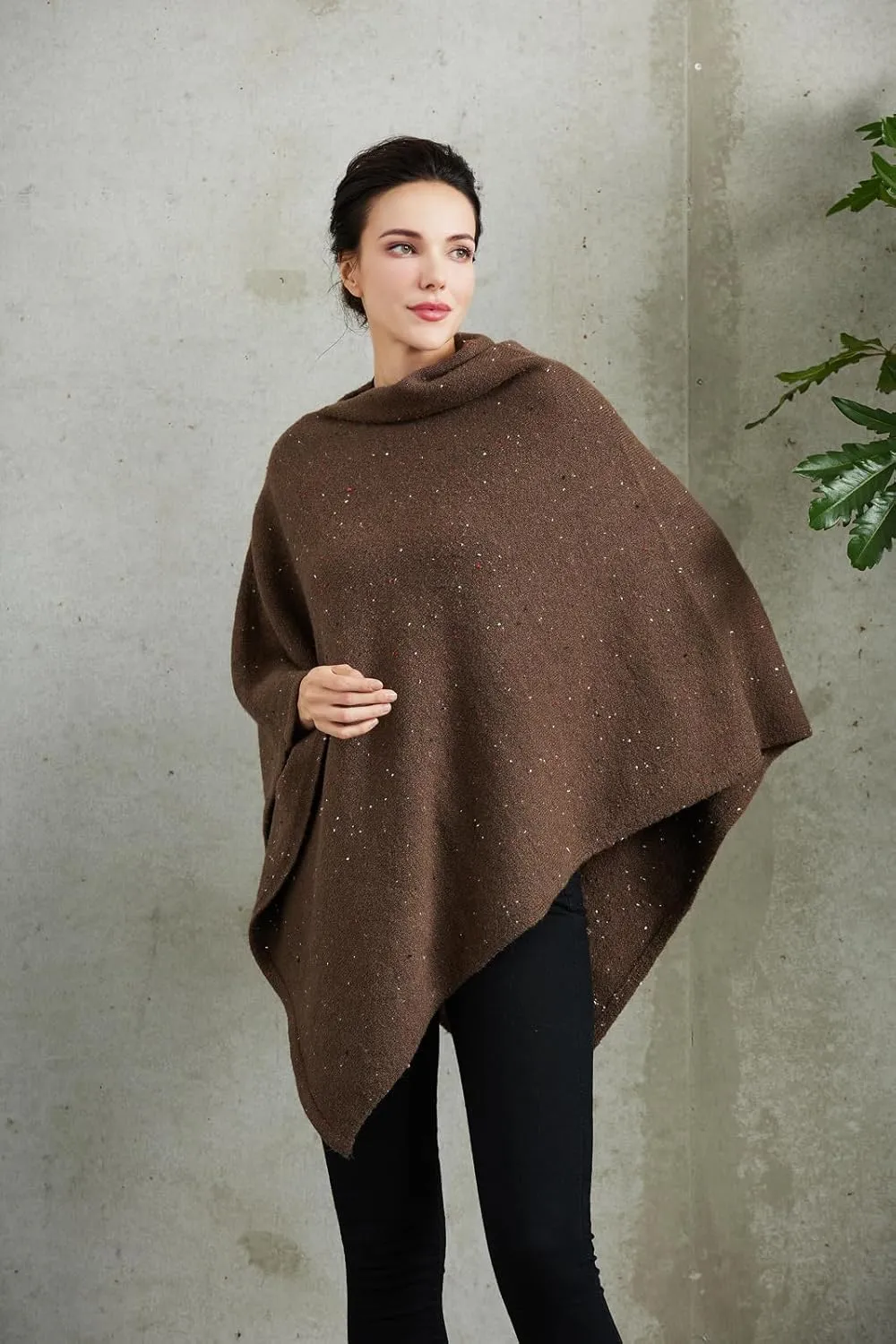 Women's Heaps Collar Bohemian Poncho Sweater Knitted Cape Irregular Hem Wrap Pullover for Spring Fall Winter