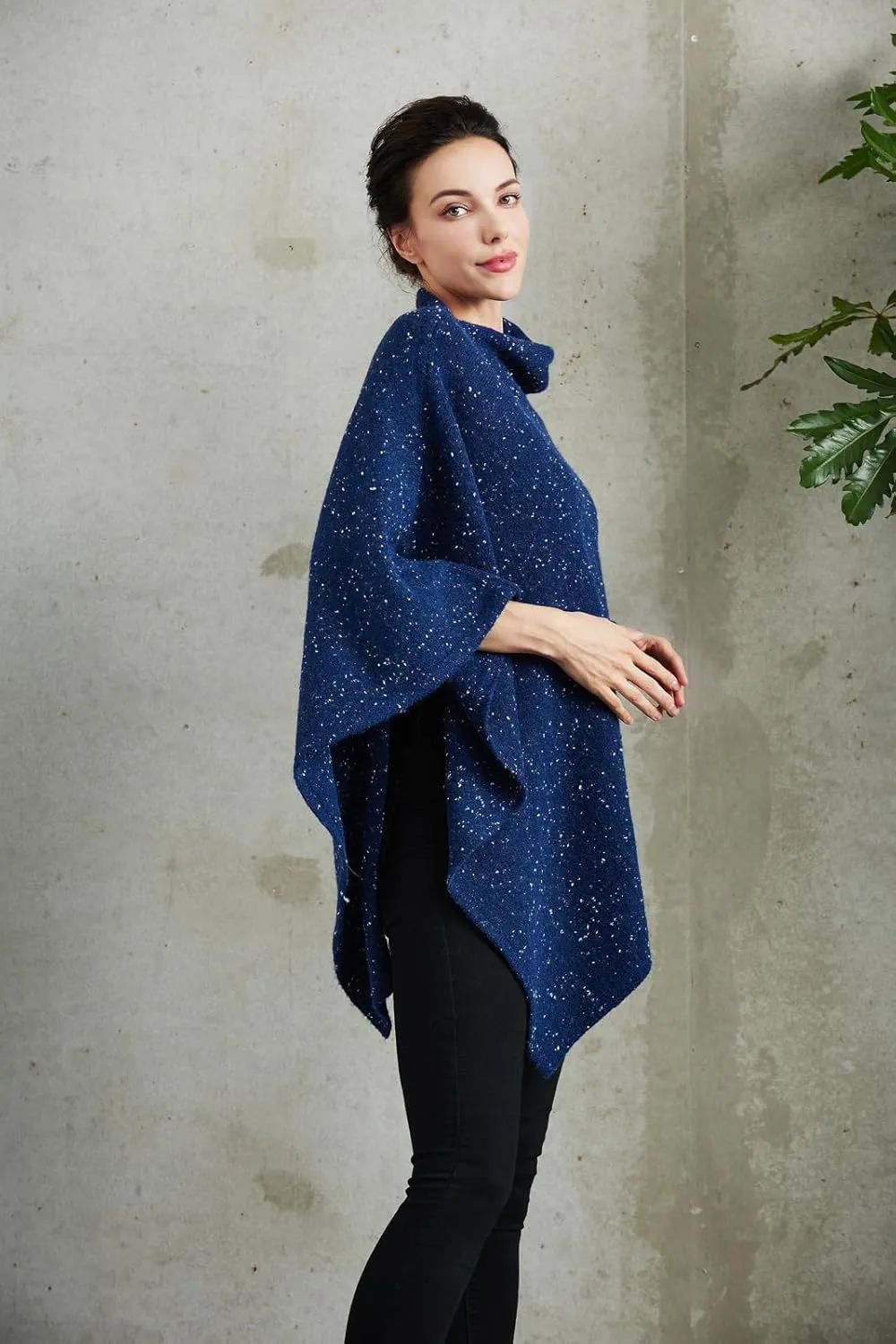 Women's Heaps Collar Bohemian Poncho Sweater Knitted Cape Irregular Hem Wrap Pullover for Spring Fall Winter