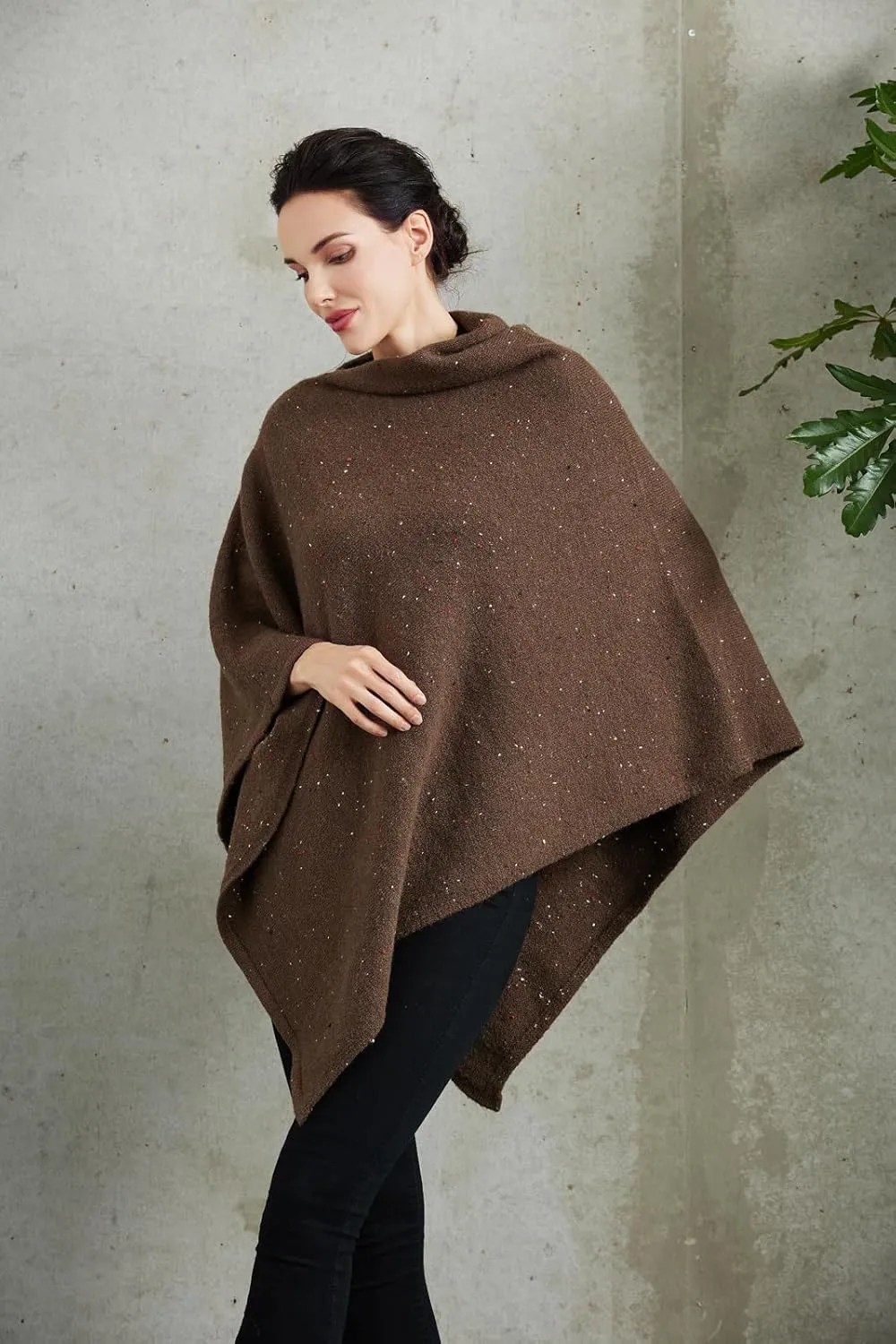 Women's Heaps Collar Bohemian Poncho Sweater Knitted Cape Irregular Hem Wrap Pullover for Spring Fall Winter